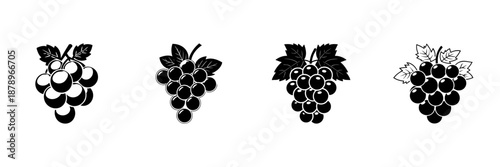 Grape Cluster Icons In Hand Drawn Style Set. Vineyard, Wine Production, Fruit Harvesting Doodle Sketch Collection. Agricultural Symbolism. Isolated Vector Illustration