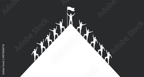 Team success achievement silhouette people climbing mountain reaching top flag leadership goal motivation concept isolated on dark background illustration