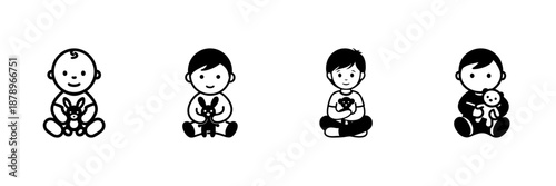 Baby And Toddler With Toys In Hand Drawn Style Set. Childhood Development, Playtime, And Growth Stages Doodle Sketch Collection. Cute And Adorable Illustrations. Isolated Vector Illustration