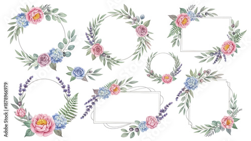 Watercolor Midsummer floral Frames collection with hand painted delicate leaves, flowers. Romantic floral arrangements perfect for wedding greeting cards, invitation. High quality  illustration.