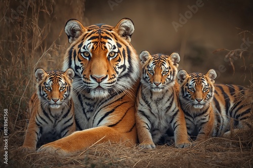Tiger family nature, mother with three puppies