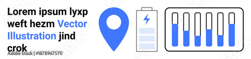 Free Download Blue location pin, battery with charge symbol, and bar chart showing data progression. Ideal for technology, energy monitoring, navigation, analytics, data visualization, battery management simple - GFXLoad