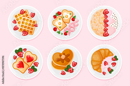 Collection of plates with breakfast isolated on pink background. Set of bowls with food. Belgian waffles , fries eggs with bacon , oatmeal with yogurt, pancakes, tosts and  croissant. Vector
