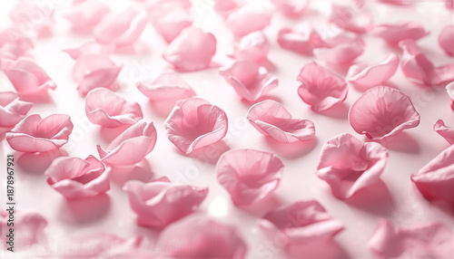 A close-up view of numerous pink rose petals scattered on a transparent background