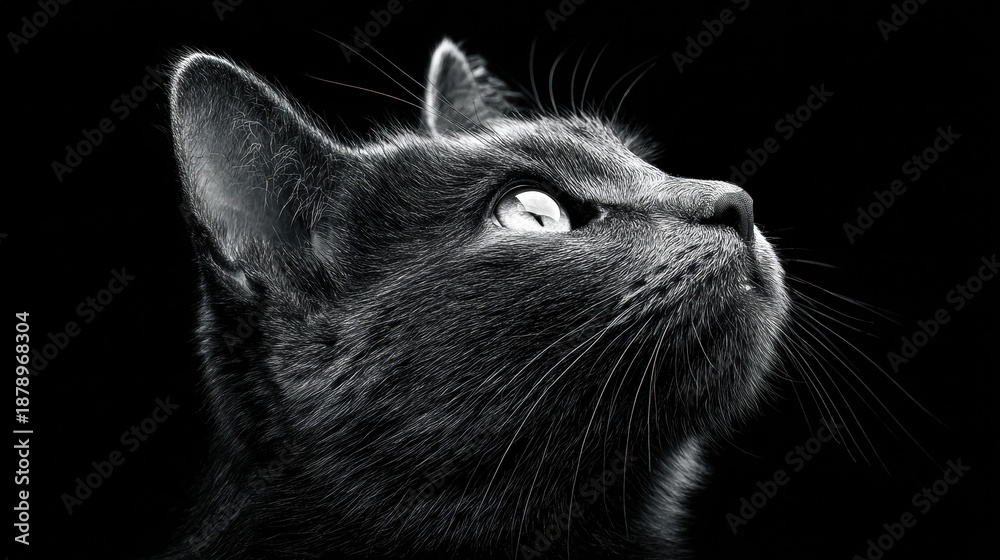 Obraz premium A striking black and white portrait of a curious cat looking upwards.
