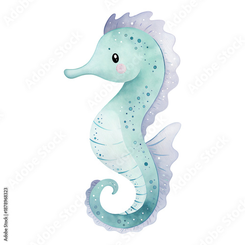 Foto Watercolor illustration of a cute turquoise seahorse with purple fins, isolated on white background