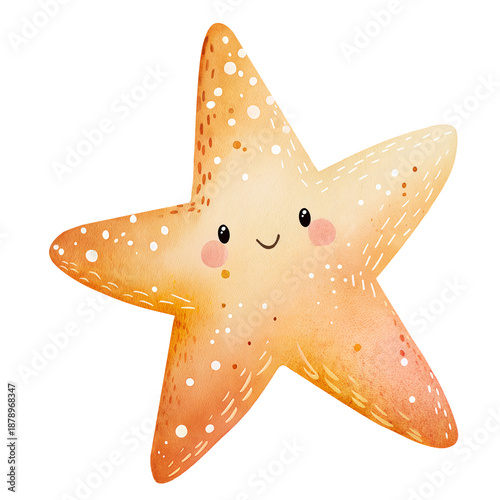 Foto Watercolor illustration of a cute orange starfish with a smile, isolated on white background