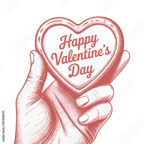 Hand holding a happy valentine's day heart in a charming vintage sketch style illustration