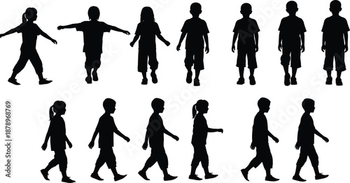 Children walking silhouette set boys and girls different poses standing moving isolated on white background childhood illustration