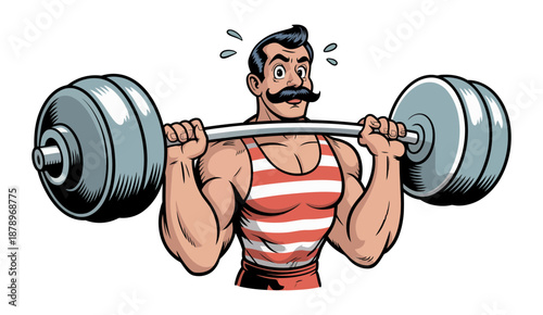 A strongman's intense struggle lifting a heavy barbell during a strenuous workout