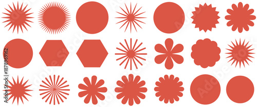 Starburst red sticker set, stamp style shapes and labels, vector collection, perfect for promotions, sales, marketing, discounts, and decorative graphic design projects.