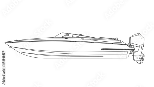 Line drawing of a sleek speedboat with outboard motor.