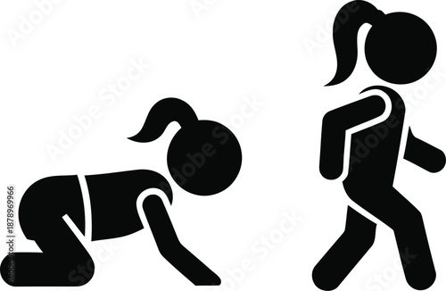 Black and white illustration of a person running and another person falling down for sports safety branding and accident prevention or health exercise and medical injury concept graphics