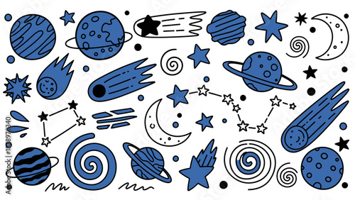 Vector Pattern of Celestial Bodies and Space Elements in Modern Abstract Style with Blue and Black Colors