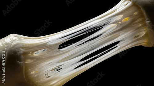 Close-up of melted cheese stretching with stringy texture. Gooey elastic food on a black background. Copy space