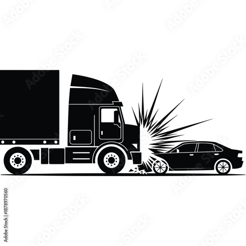 Truck and car collision depicted in a stark black and white illustration