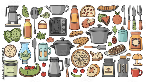 Minimalist Vector Food and Kitchen Utensil Pattern with Fruits Vegetables Coffee Tea Bread and Cooking Tools in Bright Colors