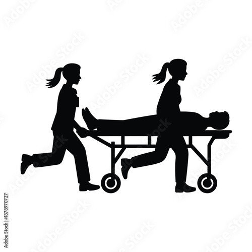Emergency medical personnel rushing a patient on a stretcher silhouette