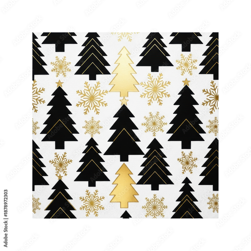 Obraz premium photorealistic flat-lay of a seamless black and metallic gold foil geometric pattern tile with stylized christmas trees and snowflakes on a white base, high-contrast luxury christmas concept
