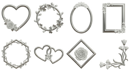 Silver frame set including heart, circular, rectangular, and diamond shapes with floral accents isolated. Elegant border and wedding ornament collection.