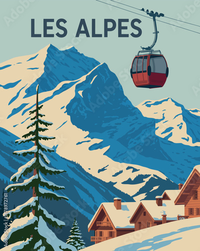 Ski Resort Vintage Poster with Gondola Lift and Mountain Chalet