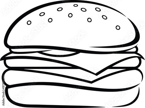 Outline cheeseburger with multiple layers of cheese, meat, and bun, hand drawn sketch illustration