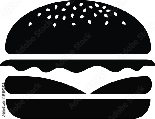 Black and white monochrome silhouette icon representing classic cheeseburger fast food snack or dinner item delicious eating symbol vector graphic element