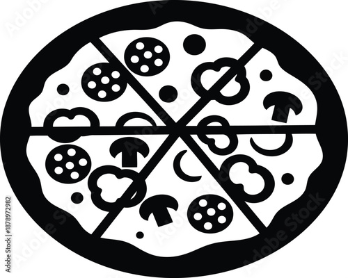 Pizza whole flat icon black and white vector illustration with various toppings and symmetrical cut lines for food design