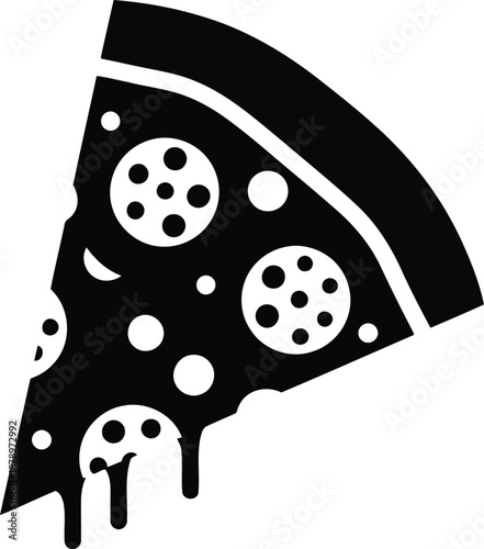 Slice of pepperoni pizza dripping cheese topping represented as a black solid icon perfect for food delivery application interfaces