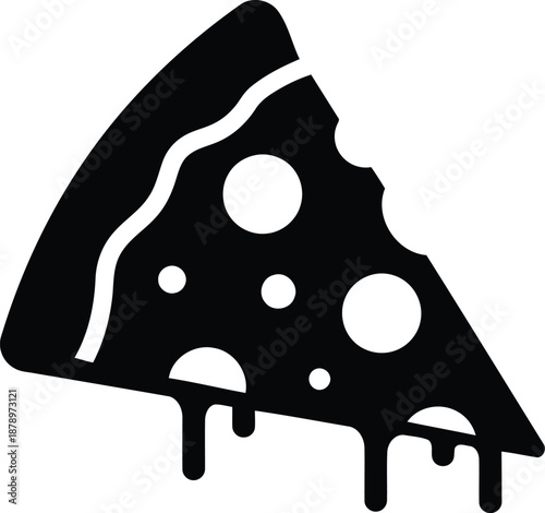 Slice of pepperoni pizza icon with cheese dripping and round shapes on transparent background, black stylized illustration