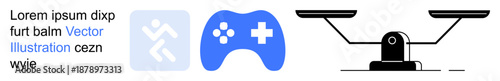 Gaming, balance, movement, digital creativity, gamification, justice. Blue gaming controller, black balance scale human figure icon. Gaming and balance as key in icons