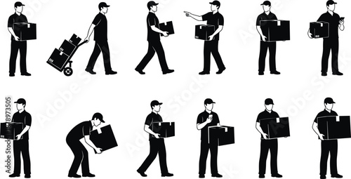 Delivery courier silhouette set man carrying boxes logistics service worker different poses isolated on white background illustration
