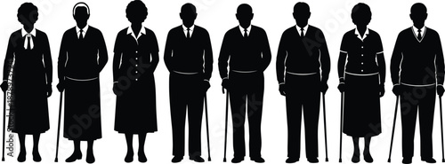 Elderly people silhouette group with walking cane senior men and women illustration set isolated on white background