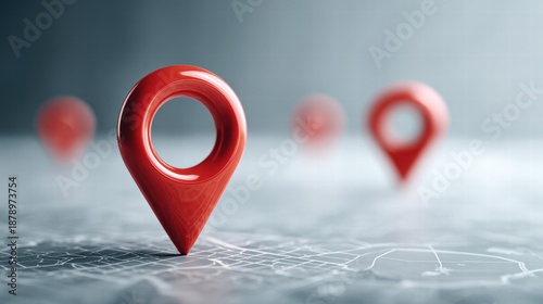 Red location markers on a map, symbolizing navigation and destinations.