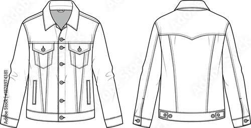 Front and back view of classic denim jacket mockup in outline style isolated on white background for apparel design, fashion branding, technical illustration, vector use