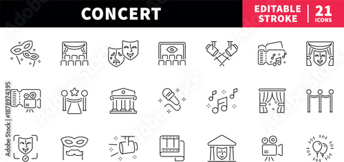 Concert editable line icons set: music and performance symbols
