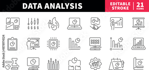 Data analysis editable line icons set. charts and graphs collection