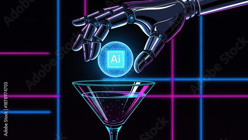 Futuristic Robotic Hand Dropping AI Sphere Garnish into Martini Cocktail Glass