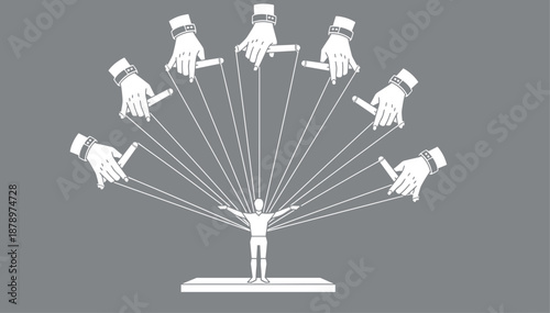 Manipulation control concept silhouette hands pulling strings controlling man puppet power influence domination isolated