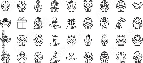 Charity and Donation Icon Set Featuring Hands Holding Hearts Global Philanthropy Volunteer Support Financial Giving Community Care Non Profit Organization and Humanitarian Aid Symbols