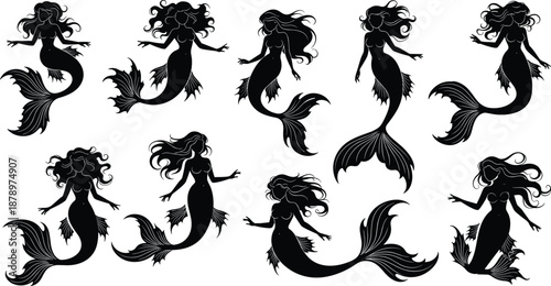 Mermaid silhouette collection with flowing hair and tails fantasy sea siren illustration set isolated on white background