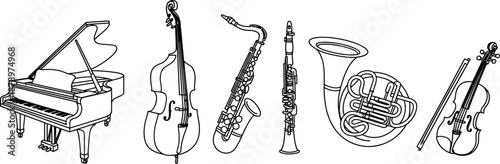 Line Drawing of Musical Instruments – Piano, Strings, Woodwinds, and Brass in Minimalist Style for Educational, Orchestral, and Decorative Design Use