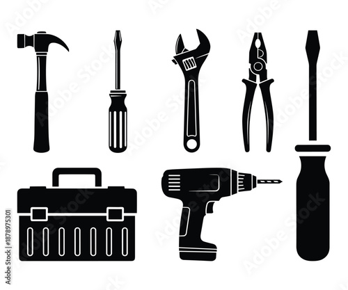 Hardware tools and professional equipment icons for repair work flat vector illustration set