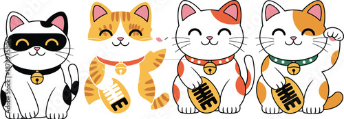 Cute Maneki Neko Lucky Cat Illustration Set, Japanese Fortune Cats Cartoon Style, Adorable Kawaii Mascots for Stickers, Prints, Branding, Decor, and Digital Design