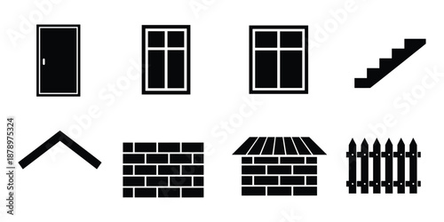 Architecture construction elements and building components icons flat vector illustration set