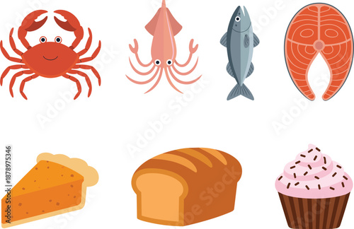 Seafood and Baked Goods Illustration – Stylized Food Icons Featuring Crab, Squid, Fish, Pie, Bread, and Cupcake for Culinary and Educational Use