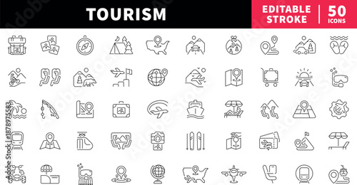Tourism editable line icons set. nature and travel symbols