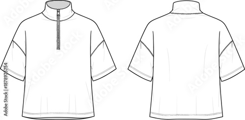 Short sleeve half zip shirt CAD drawing, flat vector illustration, front and back view mockup isolated on white background for apparel design, fashion branding