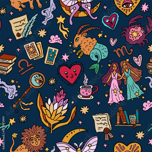 Seamless fairytale vector pattern with elements of tarot and astrology. Heart and stars. Esoteric-themed backdrop. Bright design for teenagers and children