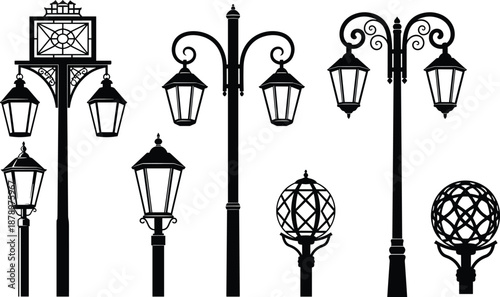 Vintage street lamp silhouettes collection, decorative outdoor lantern light posts, classic urban lighting designs, black vector illustration set
